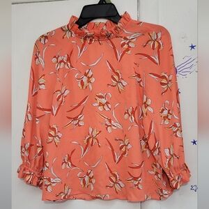 Worthington High Neck Blouse 3/4 Sleeves Peach Floral Print Size PM